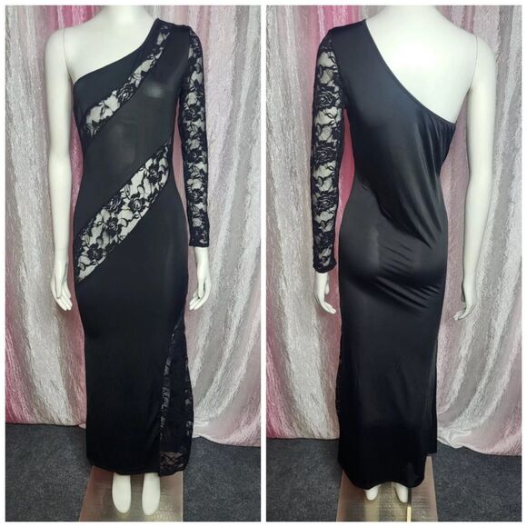 Exotic Clubwear Sexy Sheer Cut Out Black Lace Maxi Dress Size Medium - Picture 1 of 10